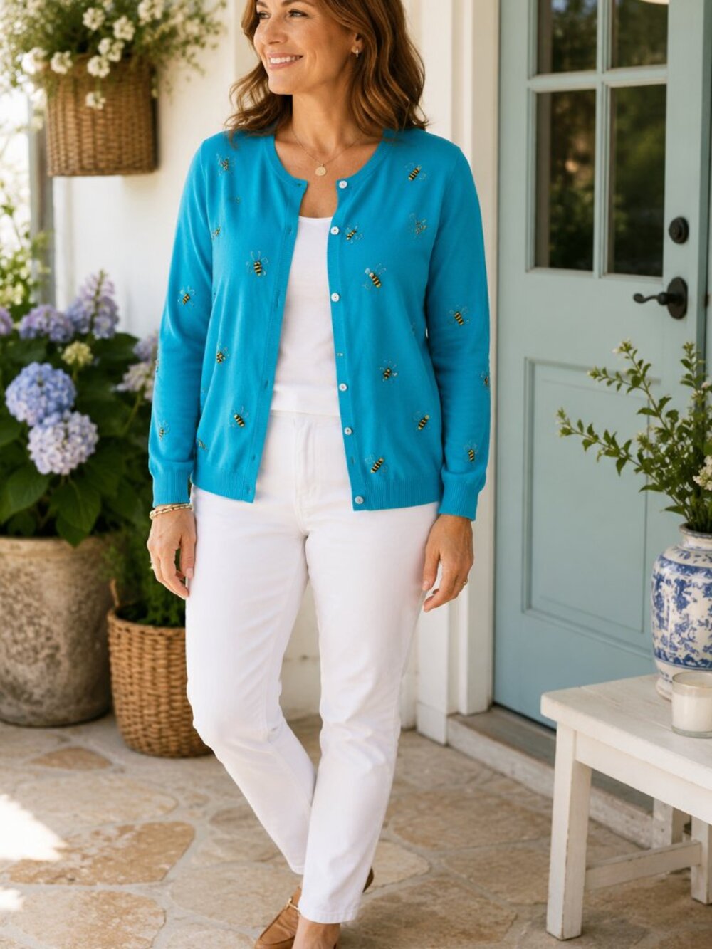 Susan Bristol Cardigan Bee Sweater Blue Beaded Lightweight Novelty Knit